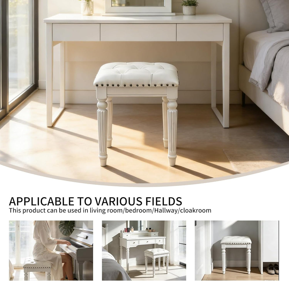 Vanity Bench Seating, Victorian Backless Vanity Stool, White Faux Leather | B...