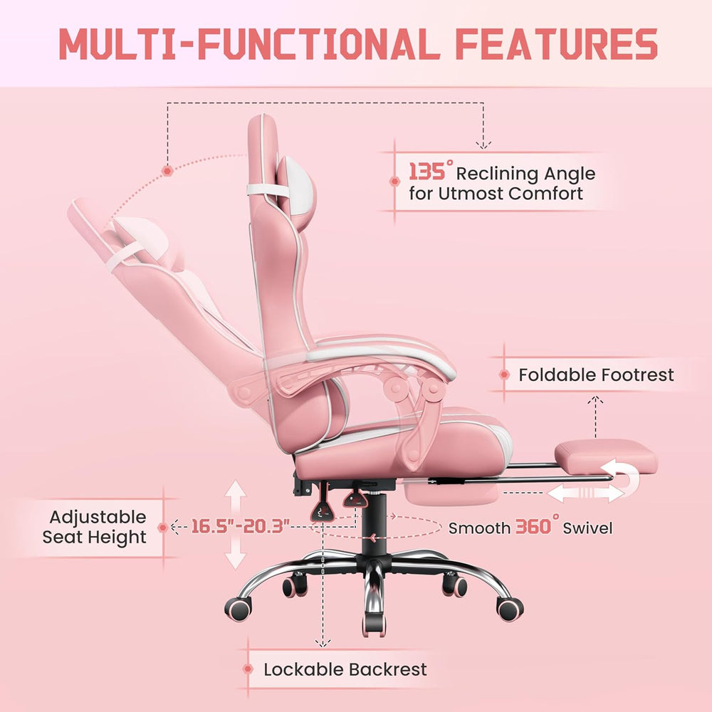 Yaheetech Gaming Chair with Footrest Massage Lumbar Pillow Pink and White | F...