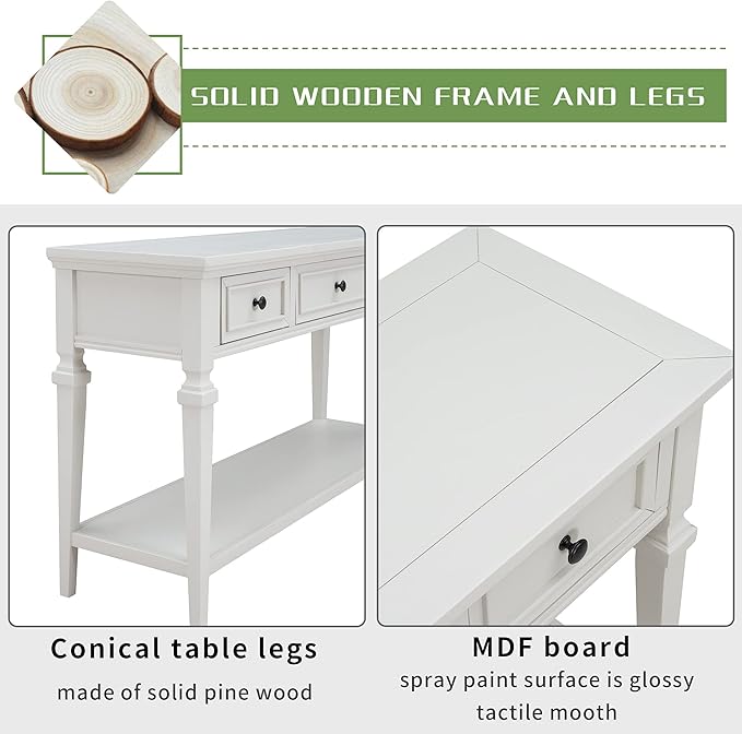 Merax Farmhouse Wood ConsoleTable for Hallways Narrow Foyer Sideboard with Drawers and Bottom Shelf for Entryway Antique White