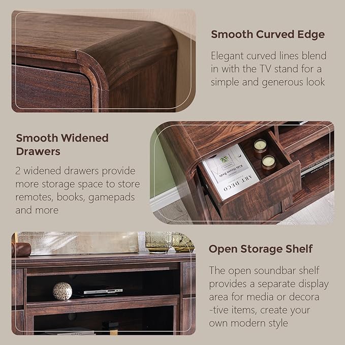 Modern TV Stand for 80 Inch TVs, 32"Tall Entertainment Center w/Storage Cabinet& drawers, Media Console Cabinet w/Soundbar & Adjustable Shelves for Living Room, Curved Profile Design, 70 inch (Brown)