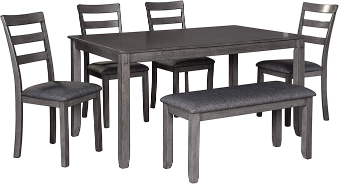 Signature Design by Ashley Bridson Dining Table Set For 6 With Bench, Wood 6‑Piece Kitchen Table And Chairs Set With Upholstered Seats, Transitional Charcoal Gray Dining Room Set For Family Meals