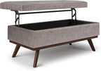 SIMPLIHOME Owen 42 inch Wide Mid Century Modern Rectangle Lift Top Large Coffee Table Storage Ottoman in Distressed Grey Vegan Faux Leather, Assembled, for the Living Room, Entryway and Family Room