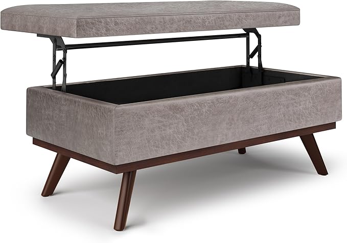 SIMPLIHOME Owen 42 inch Wide Mid Century Modern Rectangle Lift Top Large Coffee Table Storage Ottoman in Distressed Grey Vegan Faux Leather, Assembled, for the Living Room, Entryway and Family Room