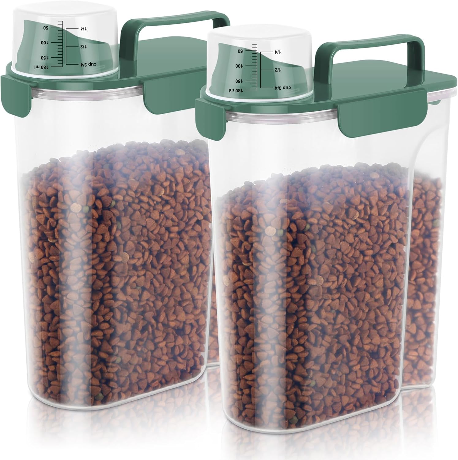 5-7lbs Cat Dog Storage Container Portable with Upgraded Large Spout and Cup, Plastic Pet Food Dispenser BPA-Free for Small Animal Kibble, Bird Seed, Oatmeal, Rice, Flour-2Pack Dark Green