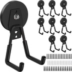 8 Pack Heavy Duty Storage Magnetic Utility Hooks Large Garage Strong Extra Magnet Hooks Hanger with Anti-Slip Coating Heavy Duty Magnetic Hooks for Hanging Power Dril Garage Garden Tools Black