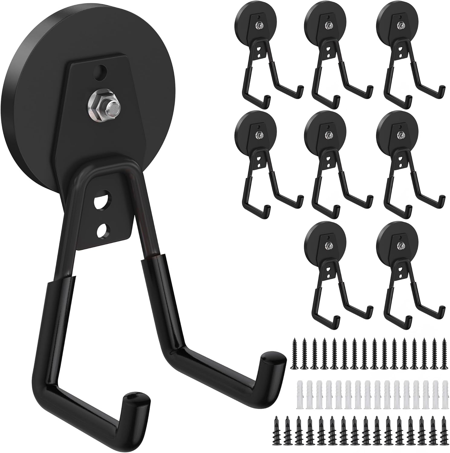 8 Pack Heavy Duty Storage Magnetic Utility Hooks Large Garage Strong Extra Magnet Hooks Hanger with Anti-Slip Coating Heavy Duty Magnetic Hooks for Hanging Power Dril Garage Garden Tools Black