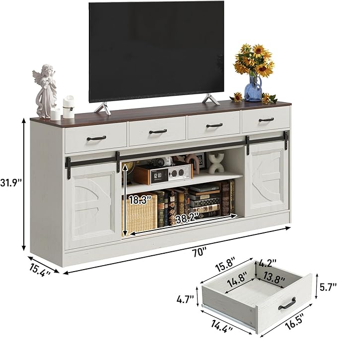 St.Mandyu 70" Large Farmhouse TV Stand for 85/80/75/70 Inch TVs w/4 Drawers,Rustic Tall Media Console w/Sliding Barn Door, Adjustable Shelves,Tall Entertainment Center for Living Room,White