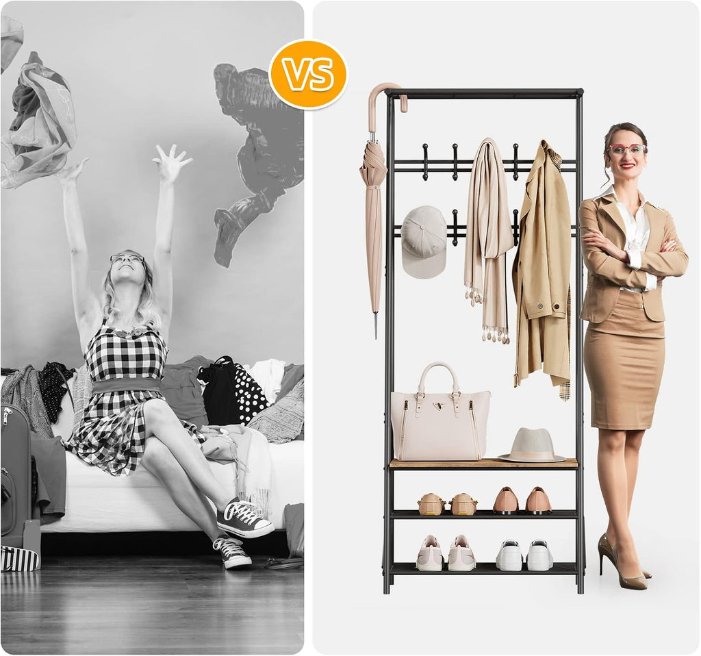 Amyove Coat Rack Shoe Bench with 10 Hooks, Hall Trees Entryway Bench with Storage, Multifunctional Hallway Organizer, Wood Look Accent Furniture with Metal Frame