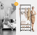 Amyove Coat Rack Shoe Bench with 10 Hooks, Hall Trees Entryway Bench with Storage, Multifunctional Hallway Organizer, Wood Look Accent Furniture with Metal Frame