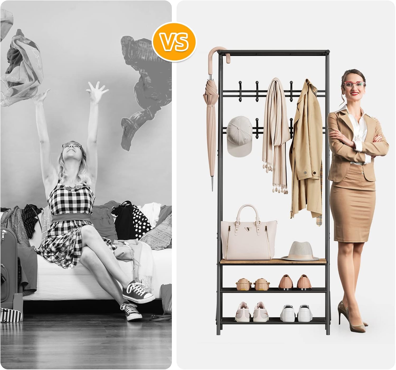 Amyove Coat Rack Shoe Bench with 10 Hooks, Hall Trees Entryway Bench with Storage, Multifunctional Hallway Organizer, Wood Look Accent Furniture with Metal Frame