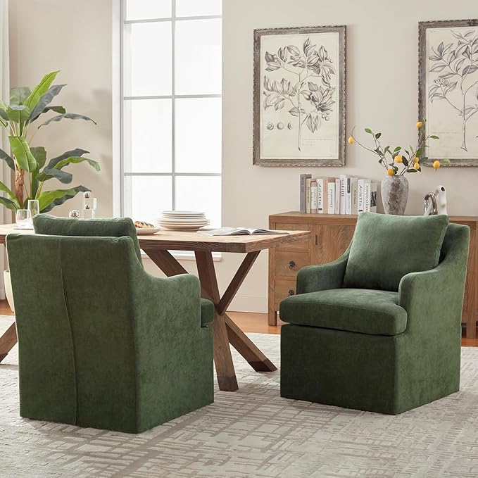 VKNOW Upholstered Dining Chairs Set of 4, Modern Kitchen Chairs Dinner Chairs with 4 Casters, Chenille Armchair for Bedroom Reading Room Living Room, Green