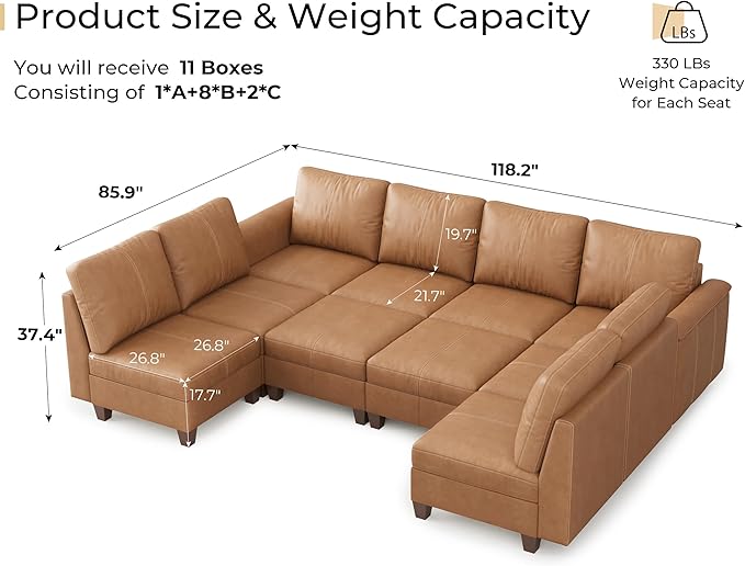 SITJOY 118" Faux Leather Modular Sectional Sofa with Storage, Mid Century Modern Sectional Couches for Living Room, Soft Padded Armrests, Oversized 10 Seat U Shaped Sofa Bed with Chaise, Brown