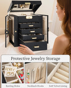 TORIBIO Jewelry Box for Women, Leather Jewelry Organizer with Mirror & Lock, 5-Tier Jewelry Storage Organizer with 4 Drawers for Girls/Women/Mothers, Necklace Earring Bracelets Holder Organizer