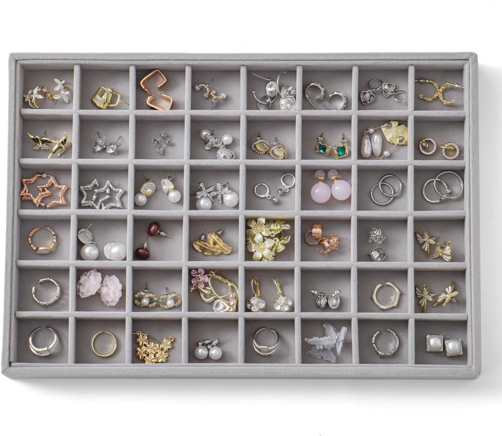 Large Jewelry Organizer for Drawer Insert Velvet Stackable Jewelry Trays for Earring Necklace Bracelet Ring Display (Gray, 48 Grids)
