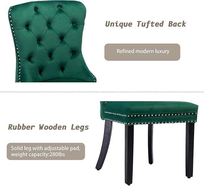 KCC Velvet Dining Chairs Set of 2, Upholstered High-end Tufted Dining Room Chair with Nailhead Back Ring Pull Trim Solid Wood Legs, Nikki Collection Modern Style for Kitchen, Green