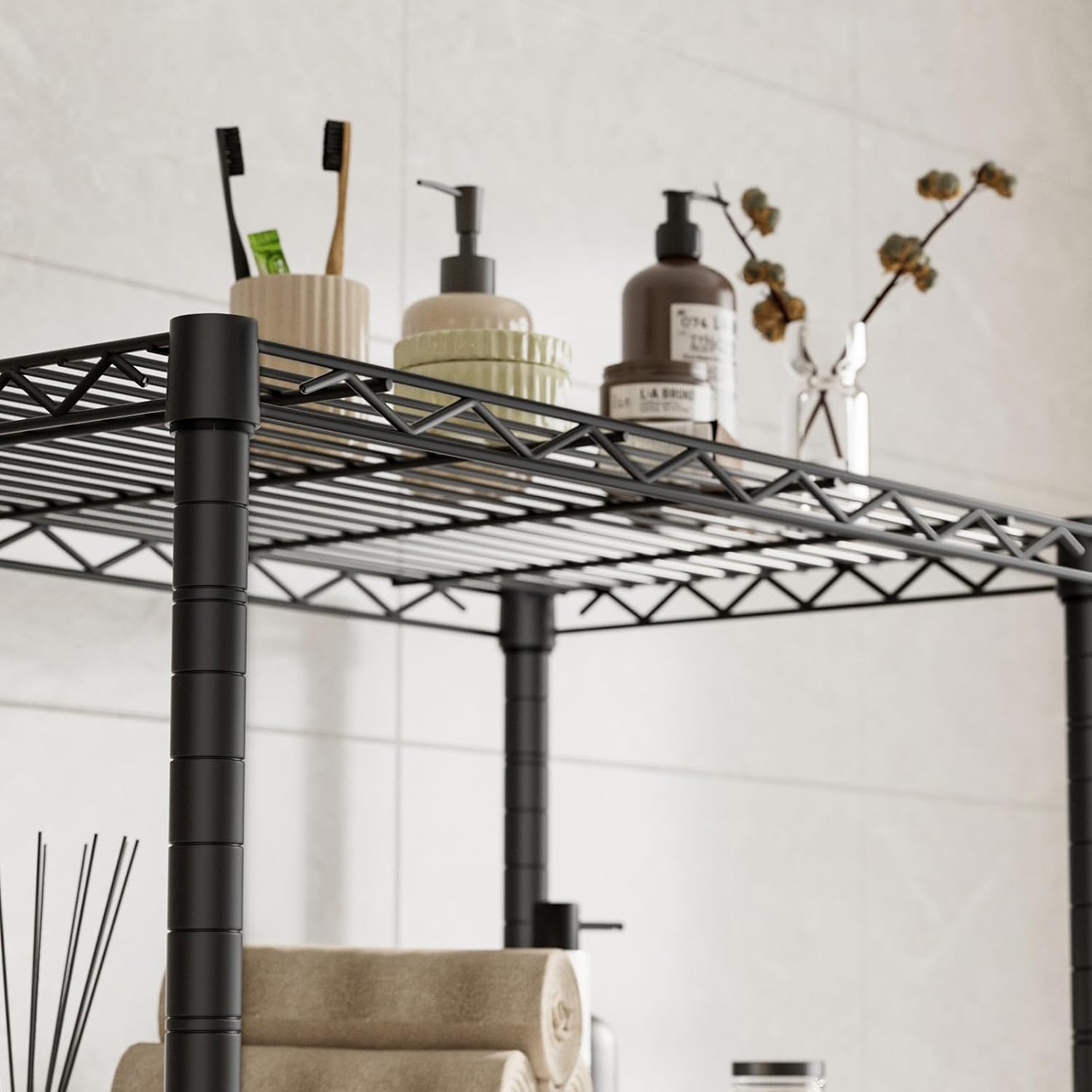 4 Tier Shelves Storage Shelf Wire Closet Bathroom Organizers Metal Pantry Kitchen Garage Shelving Unit Laundry Room Organization Home Rack Net Basket Black with Wheels 14”D X 24”W X 48.9”H