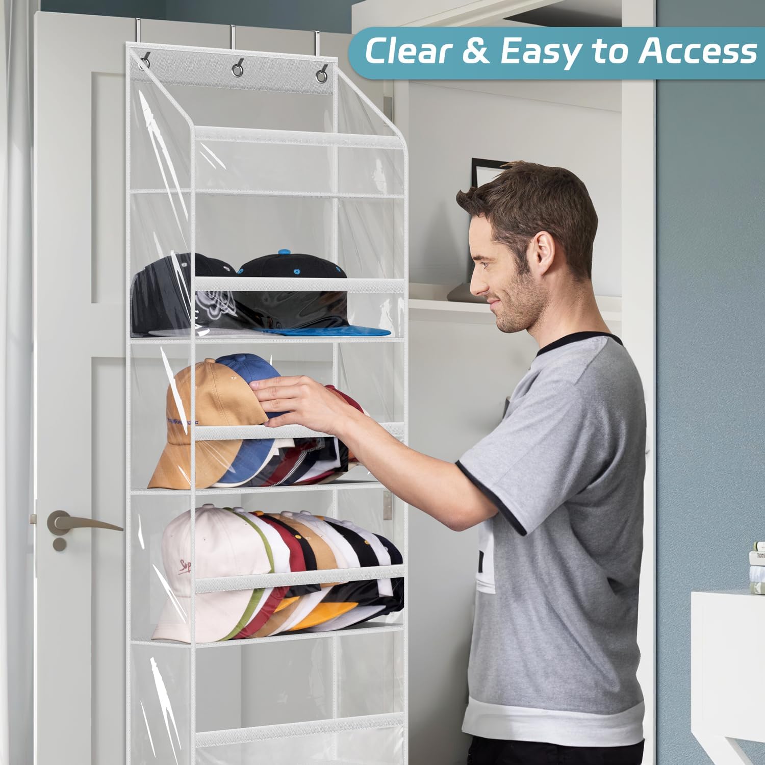 AOODA Clear Over the Door Hat Racks for Baseball Caps, Large Holds up to 72 Caps Hat Storage Organizer for Closet Wall, Deep Pockets Hanging Snapback Holder Shelves with 3 Hooks, White