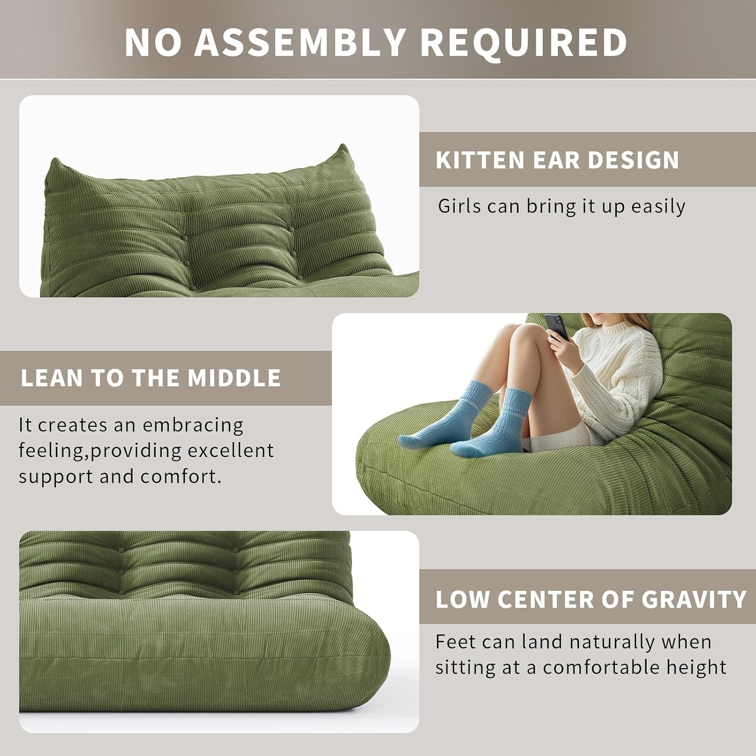 Bean Bag Chair for Adults Fireside Floor Lazy Sofa Couches Corduroy Cozy Sofas with Ergonomic Design Memory Foam Lounger Couch for Dorm, Apartment and Gaming Venue,Olive Green