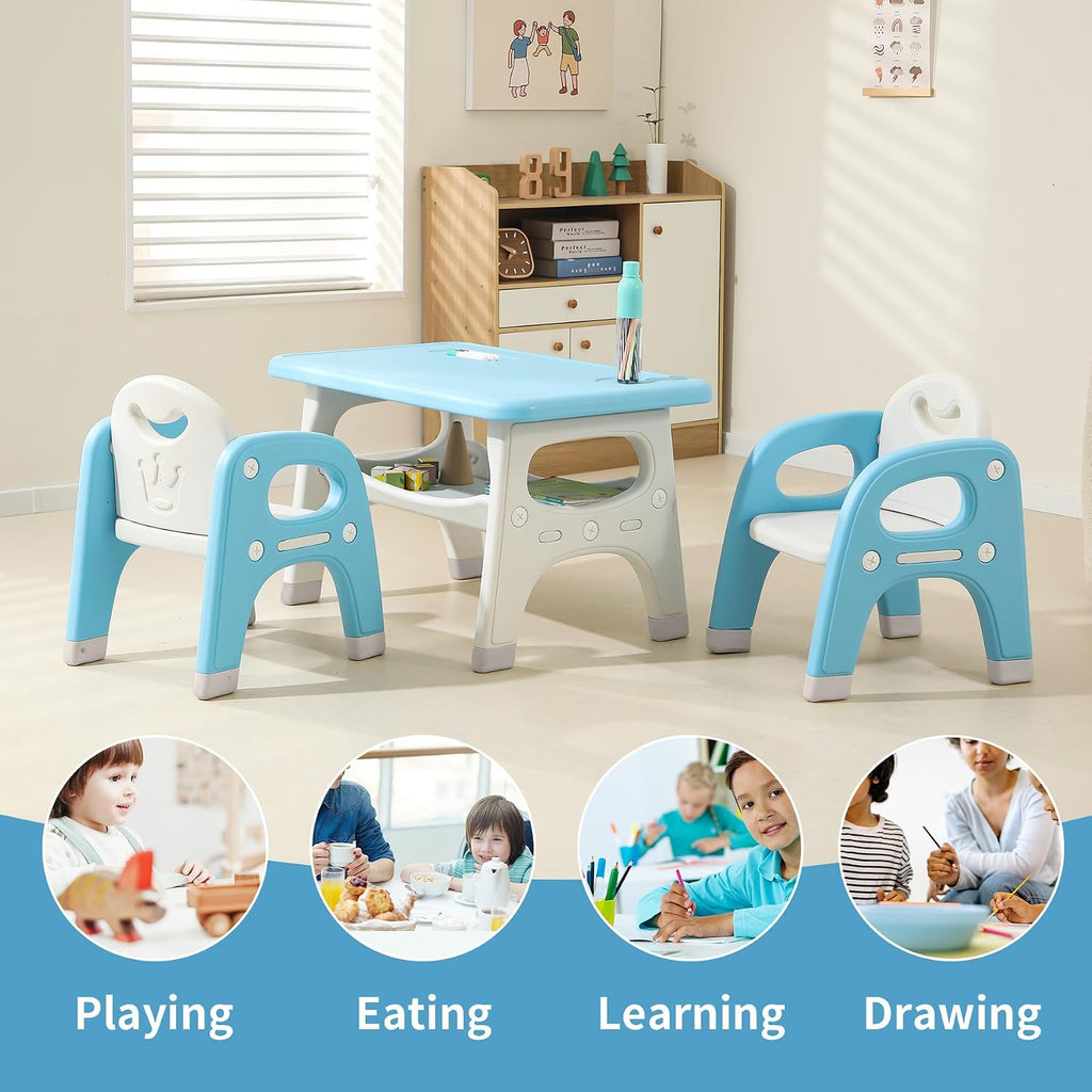 Hulaibit Kids Table and 2 Chairs Set, Toddlers Table and Chairs Set with Large Built-in Storage Shelf, Kids Activity Table for Reading, Drawing, Eating, Playing, with Anti-Slip Foot Covers, Blue