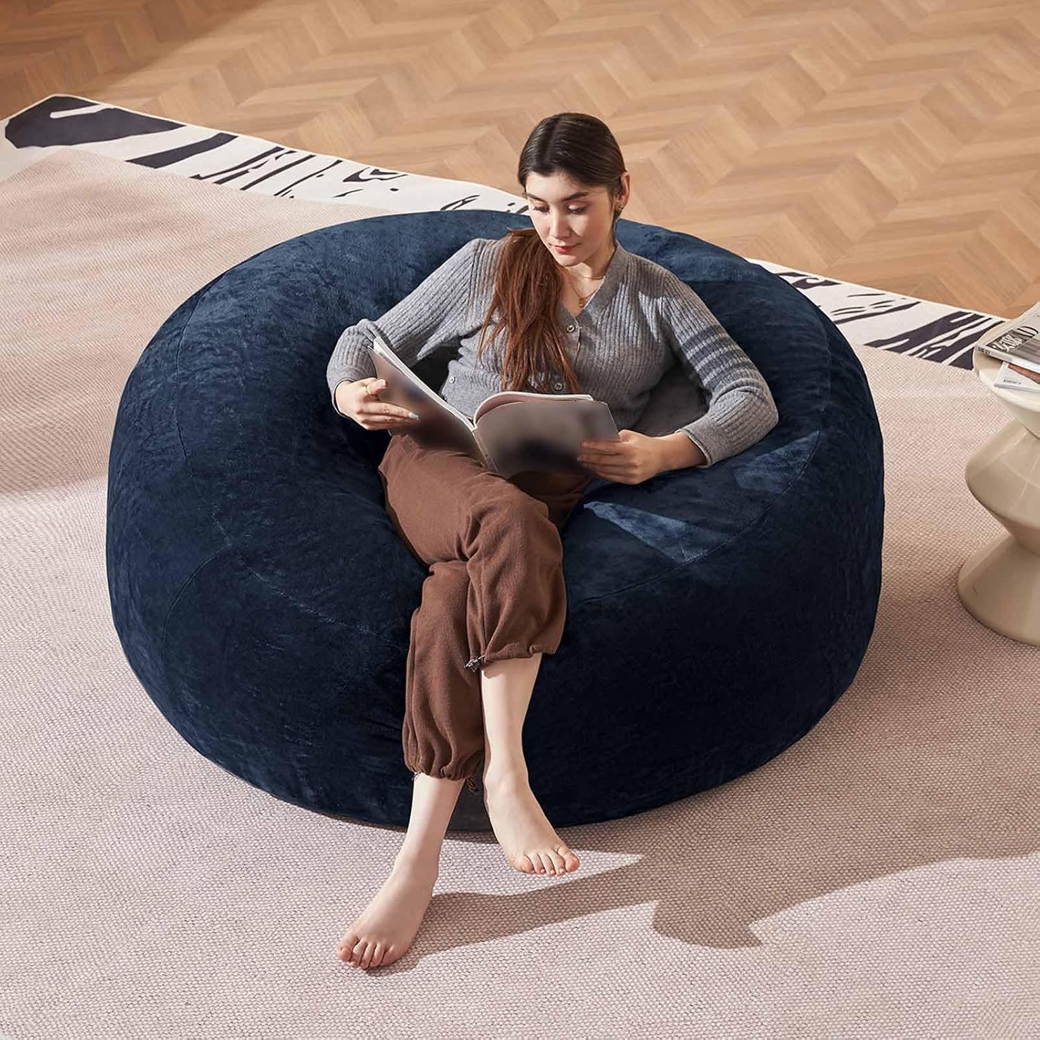 Bean Bag Chair 4Ft, Memory Foam Filled, Large Beanbag Chairs for Adults and Teens, Soft Sofa with Removable Flannel Cover, Round Couch for Living Room Bedroom College Dorm (Blue, 4FT-47×47"×24")