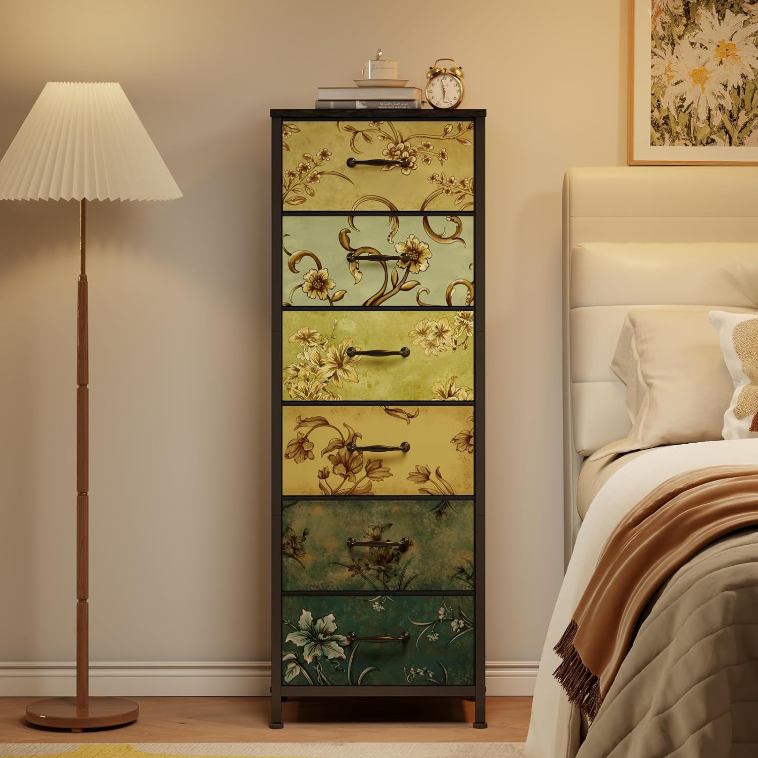 Furnulem Tall 6 Drawers Dresser for Bedroom, Vintage Storage Organizer Unit | Tall Nightstand with Fabric Drawers, Retro Floral Pattern, Skinny Dresser for Closet, Dorm, Entryway, Metal Frame, Wood Top