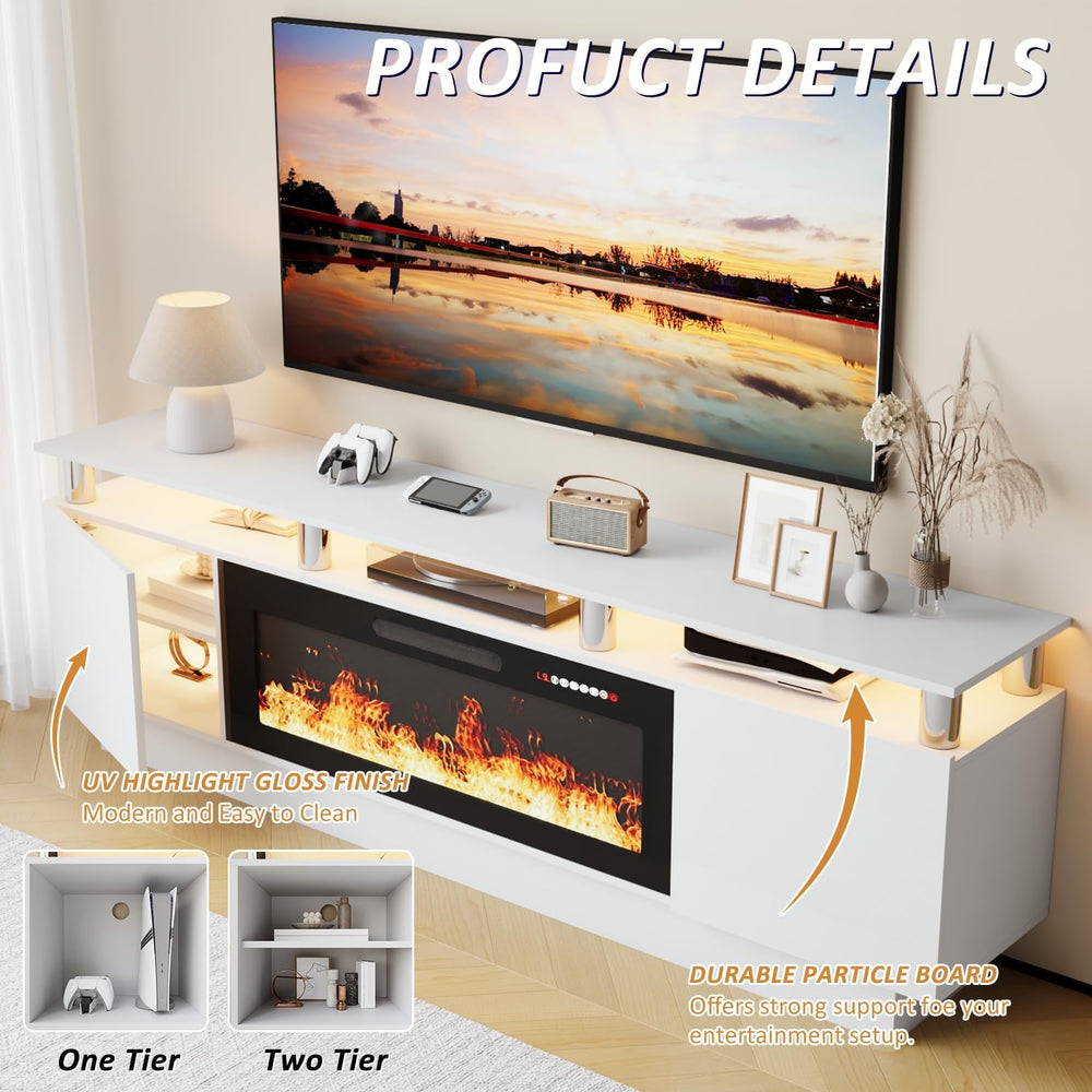 LEMBERI 70" Fireplace TV Stand for TVs up to 80", White | 36" ...