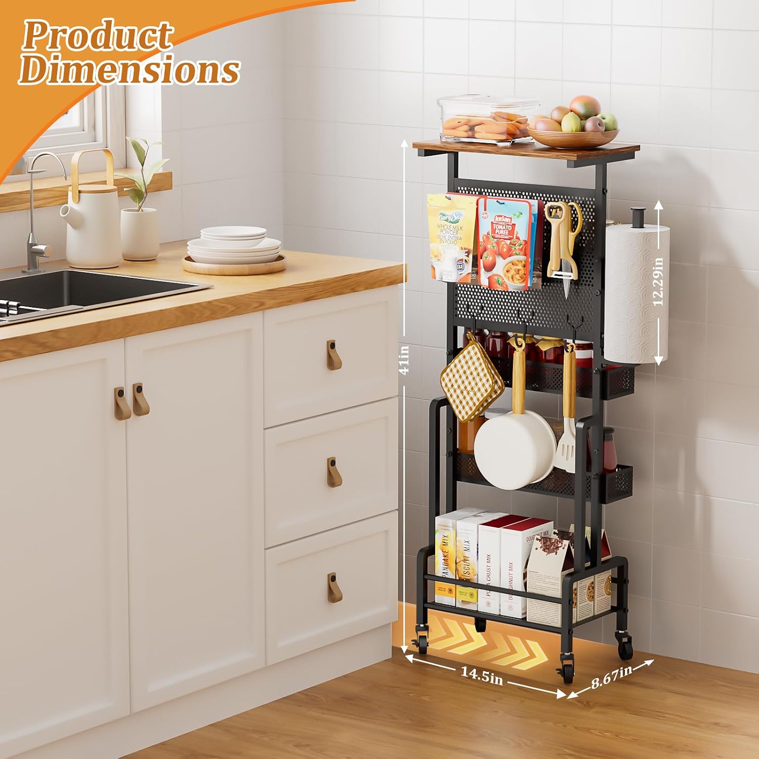 Slim Storage Cart, Narrow Rolling Cart with Wooden Top, Kitchen Cart on Wheels with Paper Towel Holder, Small Skinny Utility Cart for Laundry Room Bathroom, Thin Standing Spice Rack Snack Cart
