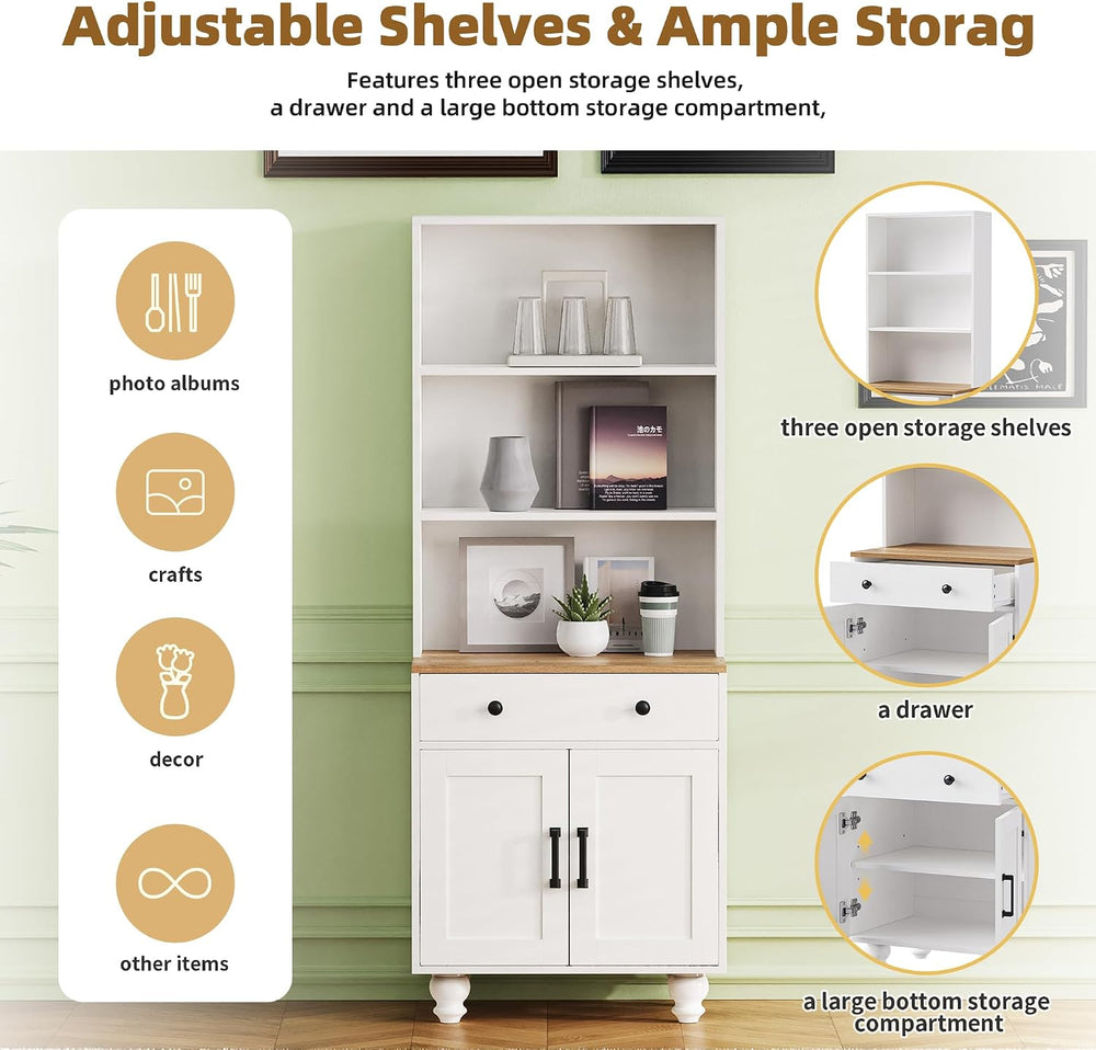 Modern Kitchen Pantry Cabinet with Adjustable Shelves, Farmhouse Storage Cabi...