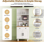 Modern Kitchen Pantry Cabinet with Adjustable Shelves, Farmhouse Storage Cabinet with 4 Solid Wood Gourd-Shaped Legs, Elegant 5 Tier Bookshelf with Drawer for Living Room, White