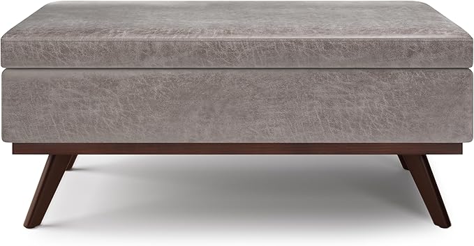 SIMPLIHOME Owen 42 inch Wide Mid Century Modern Rectangle Lift Top Large Coffee Table Storage Ottoman in Distressed Grey Vegan Faux Leather, Assembled, for the Living Room, Entryway and Family Room