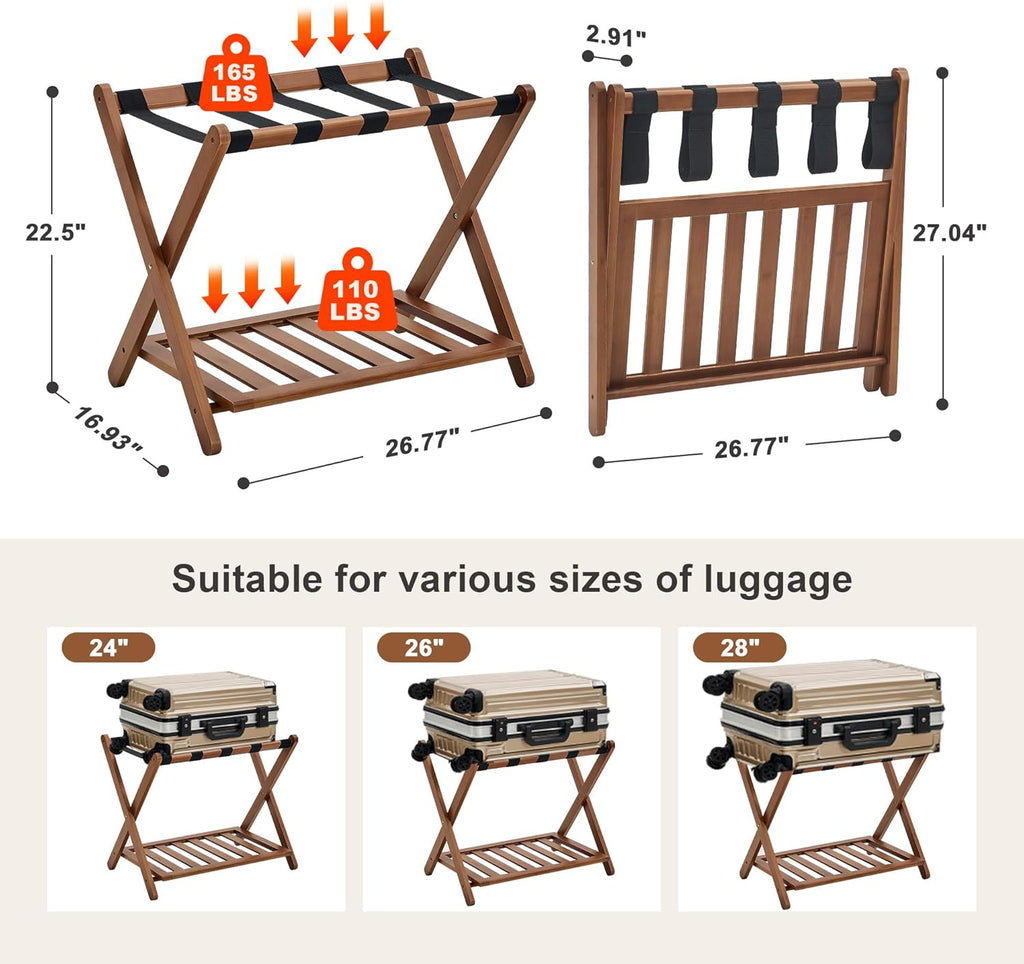 oakvivo Fully Assembled Walnut Luggage Racks Set of 2, Bamboo Luggage Rack Stand for Guest Room, 5 Nylon Straps, 26.77" Folding Suitcase Stand with Storage Shelf for Bedroom Hotel, Holds up to 165 Lbs