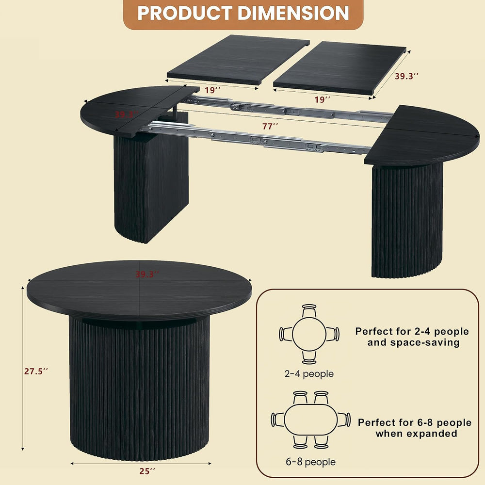 HUAHUU Extendable Round Dining Table for 4-8, 39in-77in Long Large Kitchen Ta...