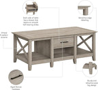 Bush Furniture Key West Coffee Table with Storage in Washed Gray