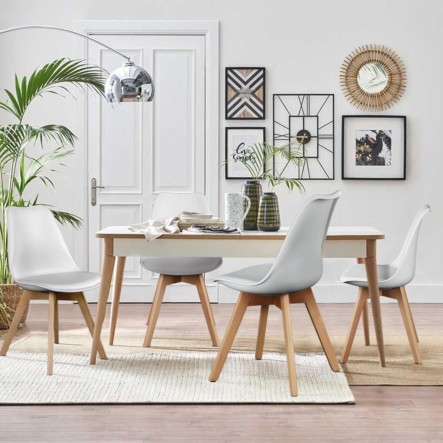 OLIXIS Dining Chairs Set of 4, Mid Century Modern Accent Chairs with Curved Backrest and Wood Legs, PU Leather Upholstered Kitchen Side Chair for Living Room, Bedroom, Outdoor Patio, White