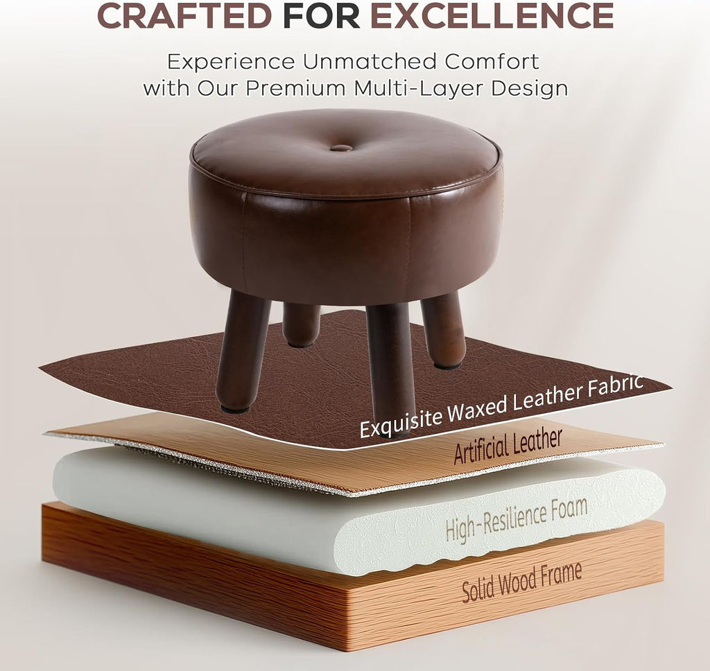 Small 13" Foot Stool Ottoman, Round Pouf Foot Rest, Faux Leather Footstool | Small Foot Stool with Rubber Legs Under Desk, Footrest for Couch, Living Room Bedroom Office, 13''L x 13''W x 10.2''H, Coffee