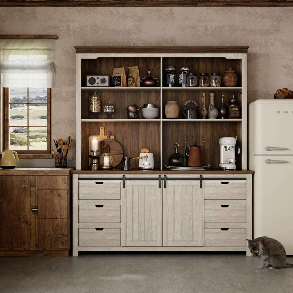 Bobve 78 * 67" Large Farmhouse Pantry Cabinet with Countertop, Buffet Ca...