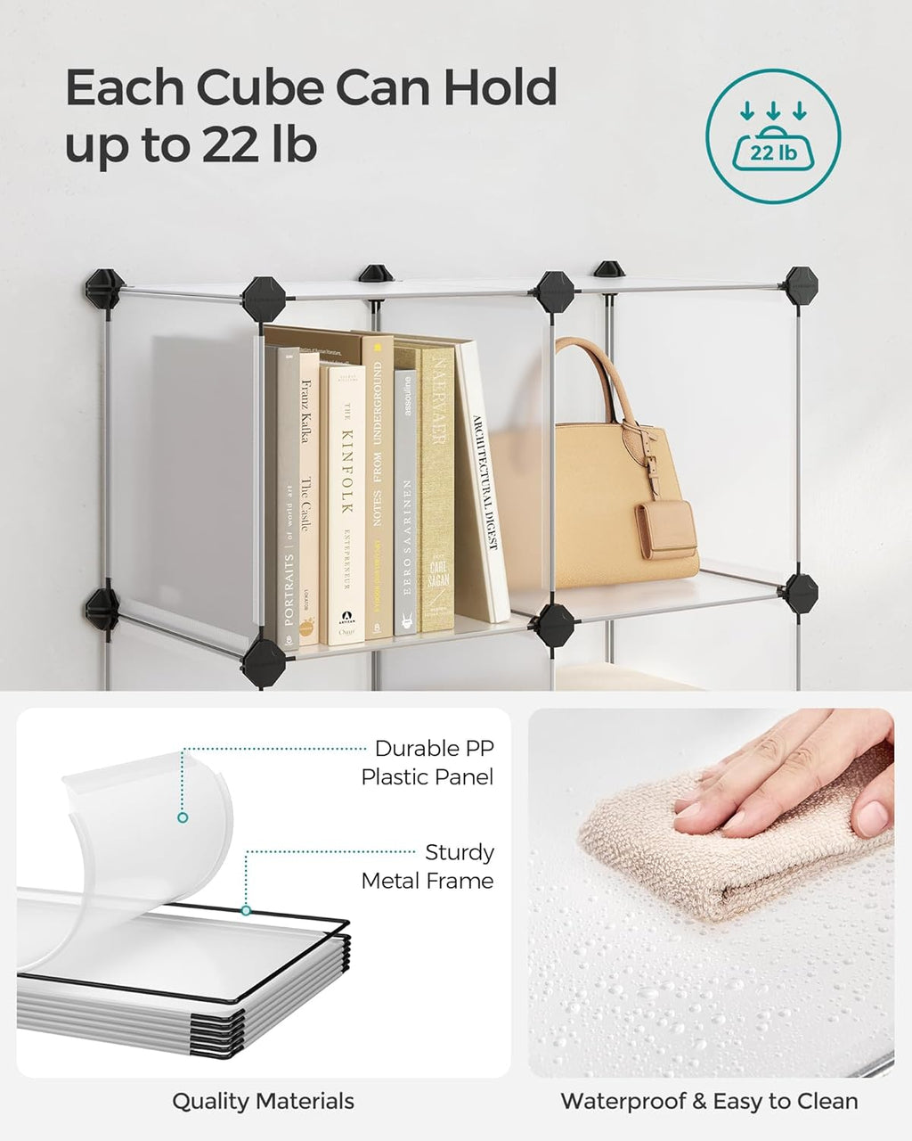 SONGMICS 6 Cube Storage Organizer, DIY Closet Shelf, Plastic Clothes Organizer, Modular Bookcase, 11.8 x 11.8 x 11.8 Inch Cubes, with Feet and Rubber Mallet, White ULPC06W