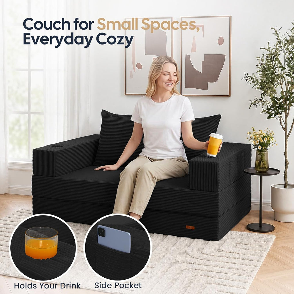 COMAX Futon Sofa Bed, 4‑in‑1 Convertible Sofa Bed, Folding Boneless Couches | Boneless Couch for living room, Fold Out Small Foldable Loveseat Floor Sleeper Mattress Lounge Space‑Saving, Black