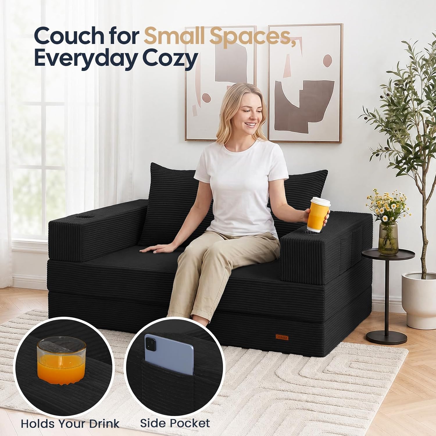 COMAX Futon Sofa Bed, 4‑in‑1 Convertible Sofa Bed, Folding Boneless Couches | Boneless Couch for living room, Fold Out Small Foldable Loveseat Floor Sleeper Mattress Lounge Space‑Saving, Black
