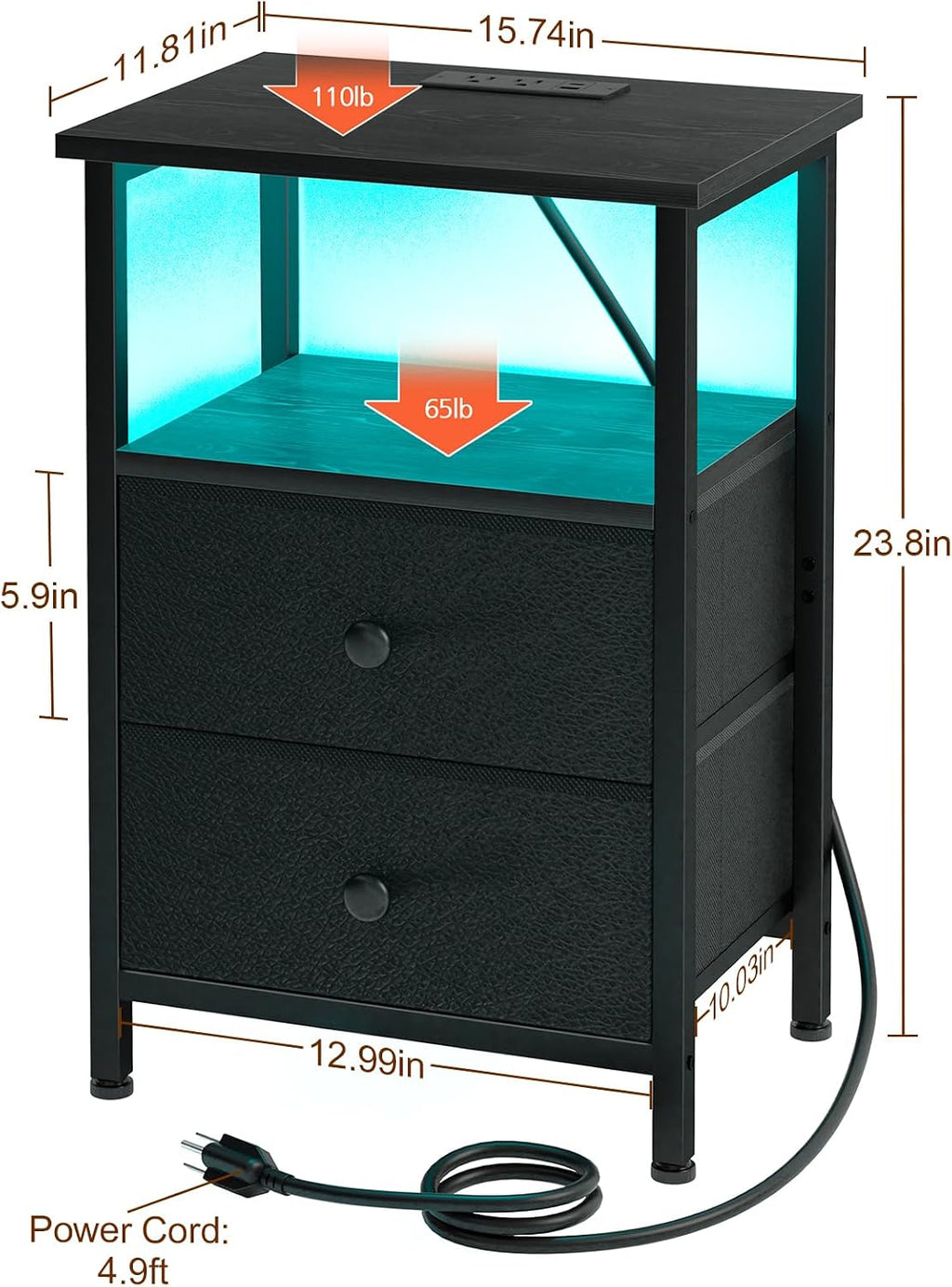 LOAKEKEL Night Stand, LED Black Nightstand with Charging Station | Small Bedside Table with USB Ports & Outlets, Side Table with Type-C and LED Lights, 2 Fabric Storage Drawers for Bedroom