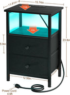 LOAKEKEL Night Stand, LED Black Nightstand with Charging Station | Small Bedside Table with USB Ports & Outlets, Side Table with Type-C and LED Lights, 2 Fabric Storage Drawers for Bedroom