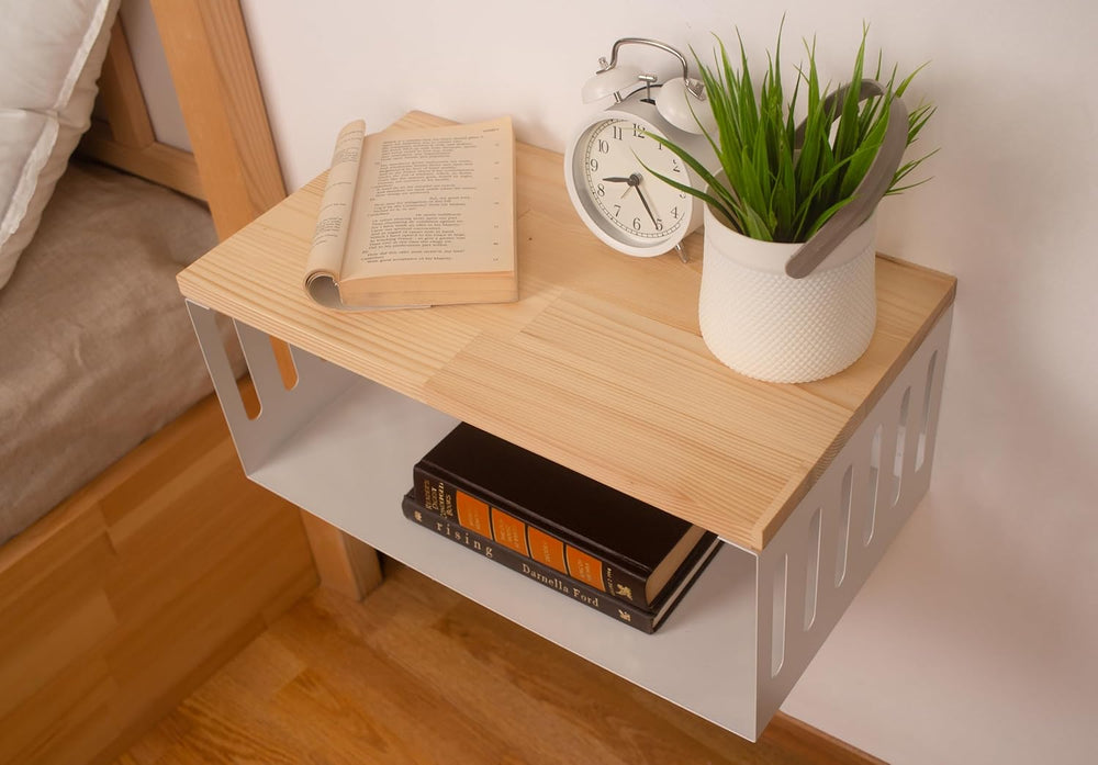 Floating Nightstand with White Metal Base, Wooden Top and Sturdy Metal Base, ...