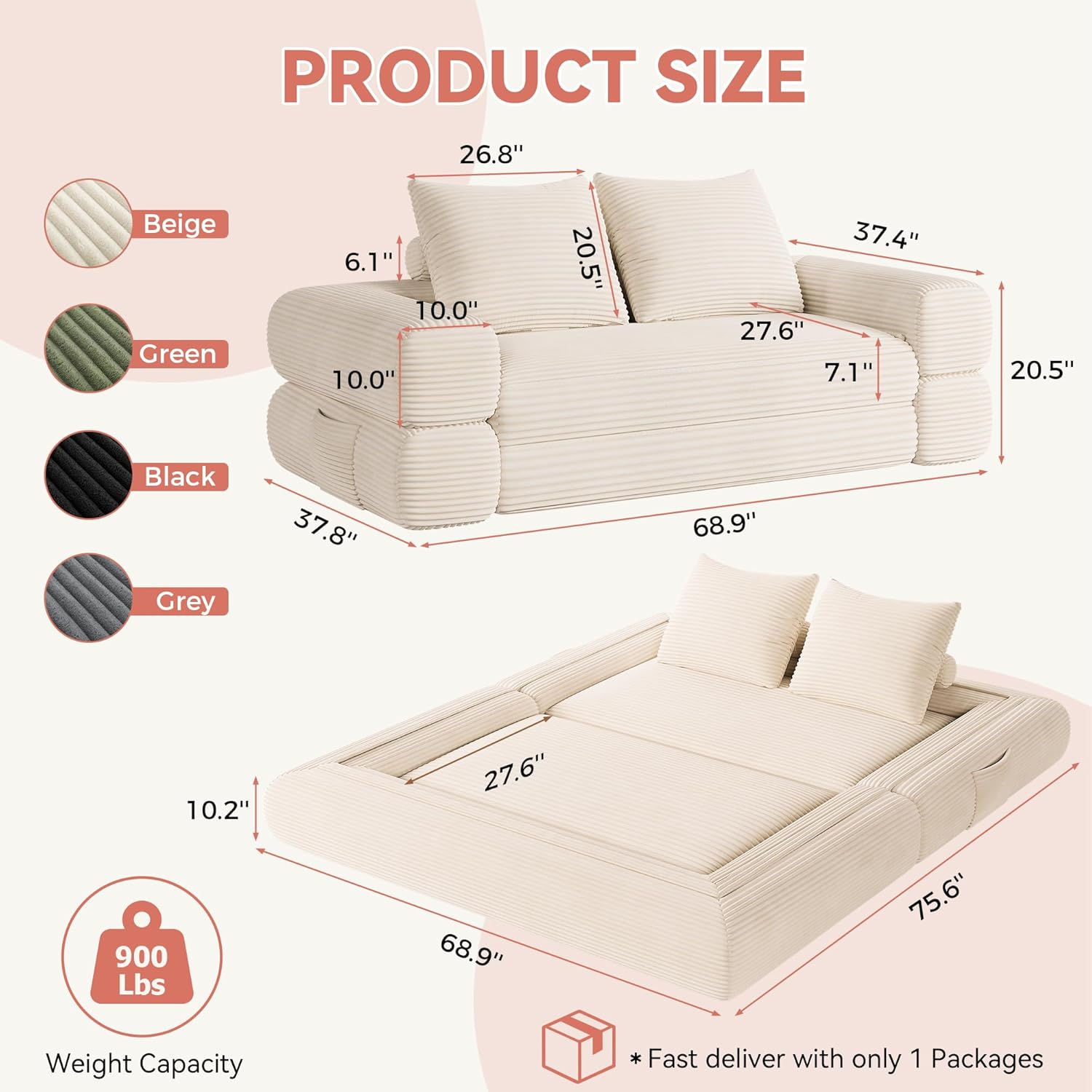 Jocoevol 4-in-1 Convertible Folding Sofa Bed, 78"W x 68"L Queen Size Foldable Sleeper Sofa Bed, Wide Corduroy Upholstery, Boneless Mattress Couch with Armrests & Neck Pillow for Living/Bedroom, Beige