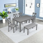 Dining Table Set, 6-Piece Kitchen Table & Chair Set with Rectangular Dining Table, 4 Upholstered X-Shaped Backrest Chairs and a Bench, Wooden Dining Table Set for 6 People, Gray