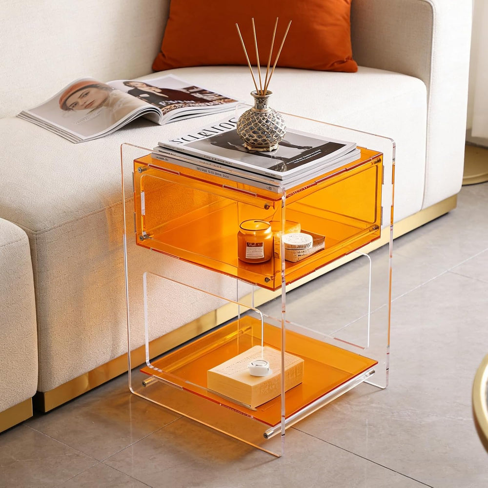 Acrylic Side Table with Open Storage Shelf, Clear Nightstand for Bedroom Livi...