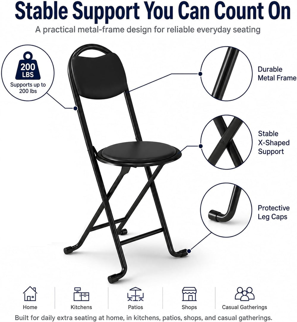 2 Pack Folding Stool with Back, 17 Inch Small Folding Chair, Black Stool with...