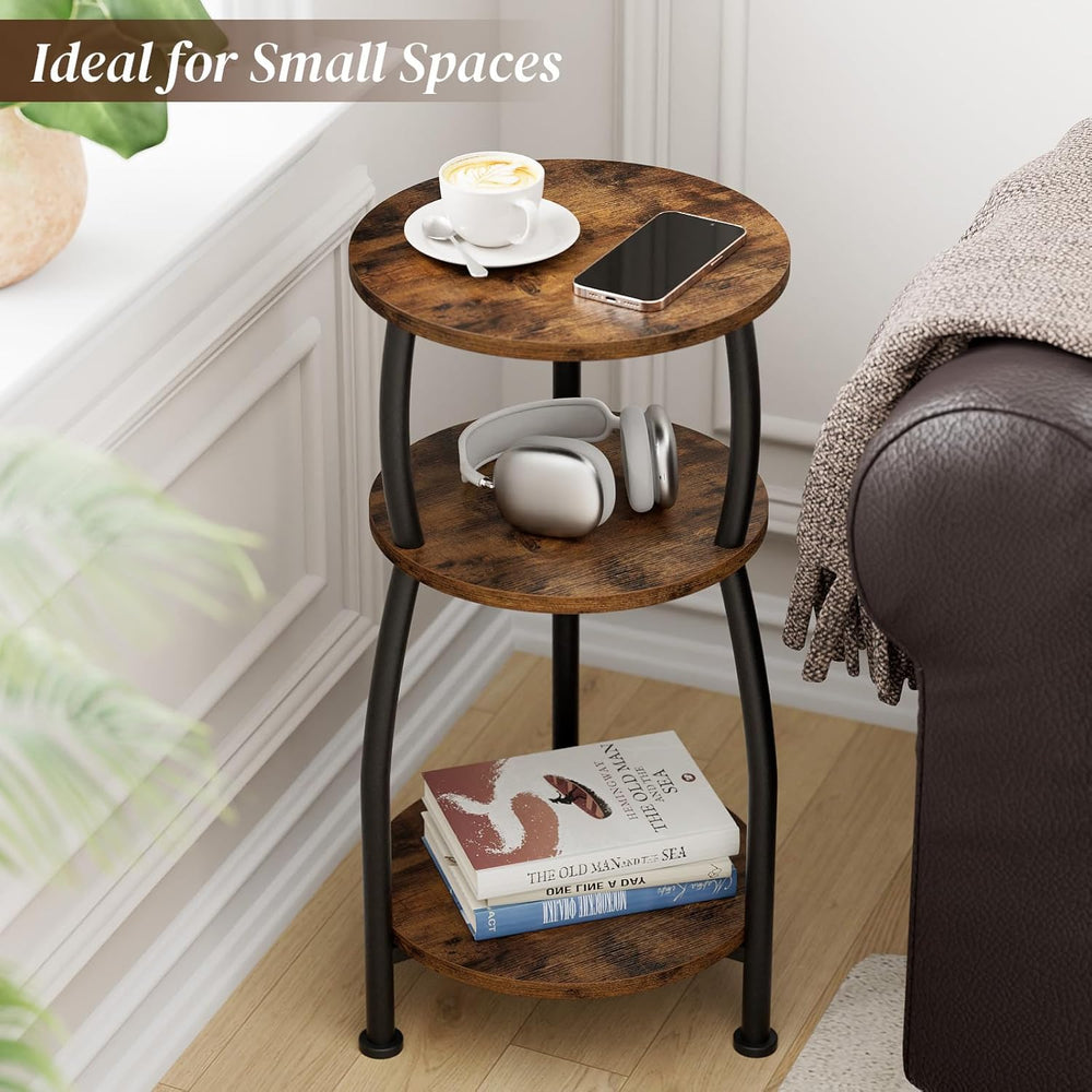 Small Round Side Table for Small Spaces, 3-Tier End Table with Storage Shelf,...