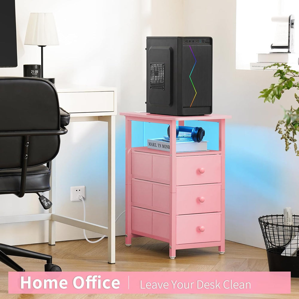 Yoobure End Table with Charging Station, Pink Narrow Nightstand LED Bedside T...
