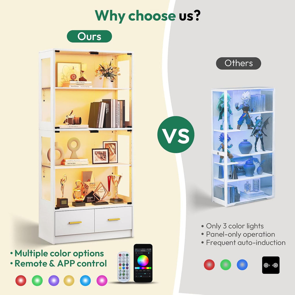 Lamtor 67-inch Glass Display Cabinet – Curio Cabinet with RGB LED Lights, 2 Drawers & Anti-Tip Design for Collectibles, Figures, Living Room | White