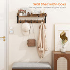 Homode Coat Rack with Shelf, Wall Shelf with Hooks, 26 Inch Long Coat Hanger Wall Mount with Key and Mail Holder, Wood Entryway Shelves for Hanging Hat Jacket Backpack Purse, Rustic Brown Black